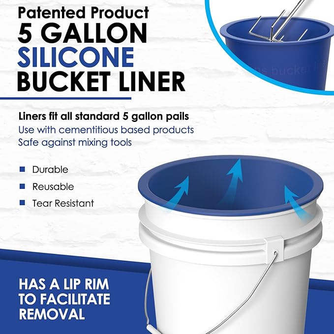 Reusable Silicone 5 Gallon Bucket Liner with Graduated Measurements - Leakproof Thinset, Grout, Concrete Mixing Pail Liner - Heavy-Duty Bucket Saver Accessory (Blue)
