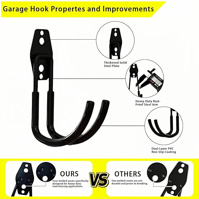 6 Pack Garage Hooks Heavy Duty, Steel Utility Ladder Hooks for Hanging Tools,Bikes, Hoses and Ropes - Wall Mount Organizer with Anti-Slip Coating（4.3）