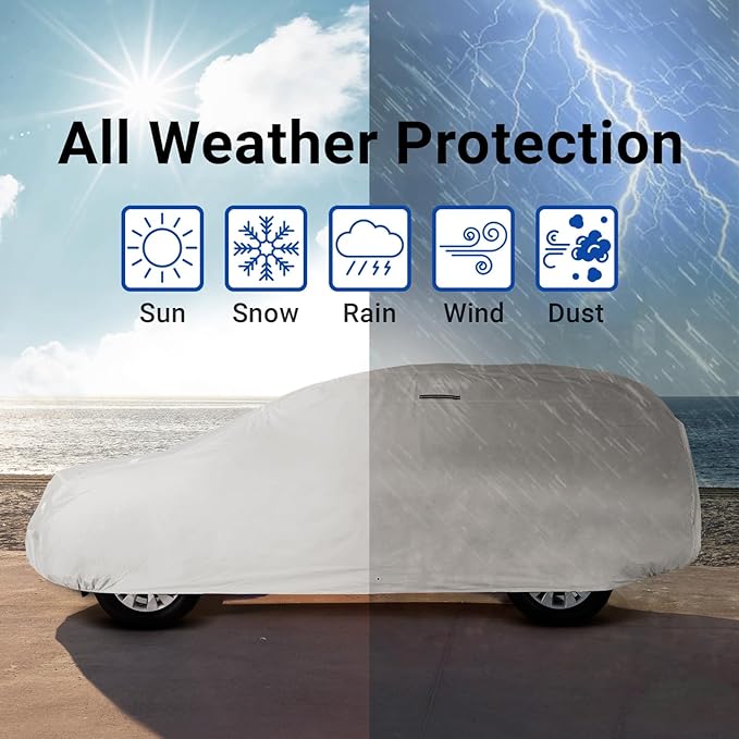 iCarCover Premium Heavy Duty SUV Car Cover - Waterproof All Weather Rain Snow UV Protection, Venue, Soul, XB, Defender 90, Tracker 4-Door, Samurai, Size S59 (See Size Chart), Stripe - Light Gray/Black