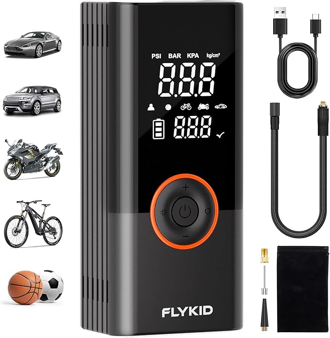 FLYKID Tire Inflator Portable Air Compressor - 150PSI Digital Air Pump for Car Tires, Fast Inflation for SUV/Motorcycle/Bicycle, LED Light, Rechargeable Battery - Roadside Emergency (Medium)