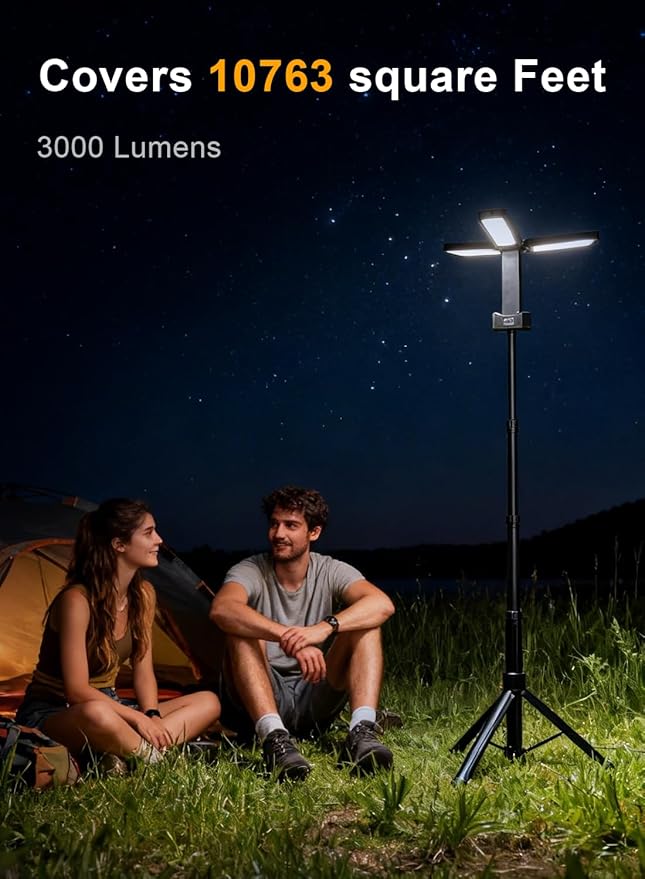 12000mAh Rechargeable LED Work Light with 74.8" Tall Stand, 2000/2500/3000 Lumens, Portable Cordless Work Light, 3000K/4500K/6000K Dimmable Camping Light with Detachable Tripod (Carrying Bag Included)
