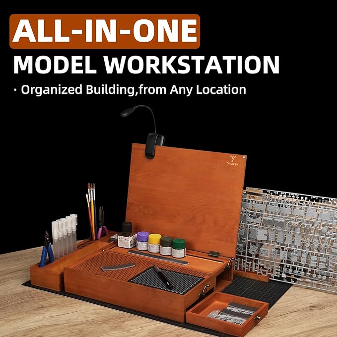 Model Building Station, Portable Model Building Workbench with Light & Cutting Mat Model Kit Tool Storage for Model and Miniatures, Folding Worktable Model Pieces Shelves