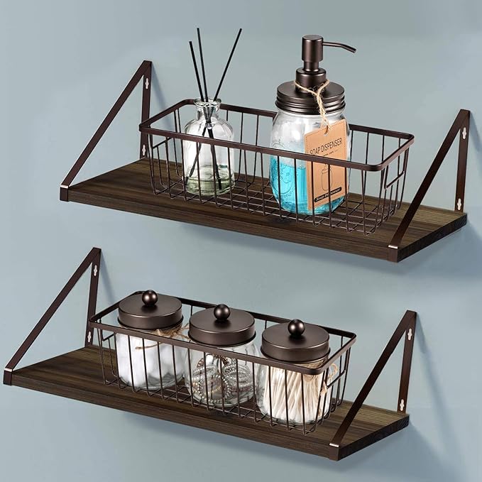 SheeChung Farmhouse Decor Metal Wire Bathroom Storage Organizer Basket Bins - for Cabinets, Shelves, Closets, Vanity Countertops, Under Sinks, Pantry, Laundry Room, Garage - Small, 2 Pack (Bronze)