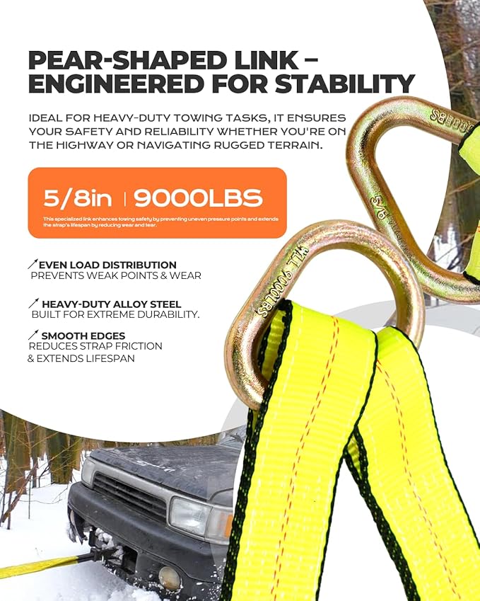 TKK Heavy-Duty V-Bridle Tow Strap 2" x 4' – 5,400 lbs Load Capacity | Snap Hooks, Axle Straps & Cordura Sleeve | D-Ring for Tow Truck & Flatbed Towing