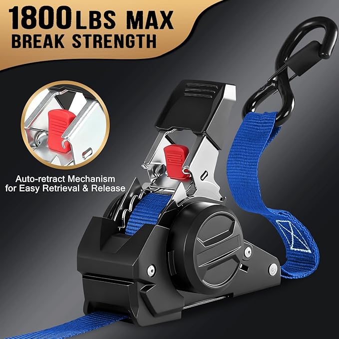 10FT Retractable Ratchet Straps(4-Pack) - 1 Inch (1800 LB Break Strength) Heavy Duty Self Retracting Ratchet Straps with Soft Loops & Storage Bag for Household, Motorcycle, Truck, ATV(Blue)