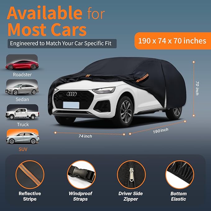 Waterproof Car Cover All-Weather, Heavy-Duty Outdoor Full Exterior Automobiles Snow Cover for SUV 182-190 inch with Sun Visor,Zippered & Storage Bag - Black