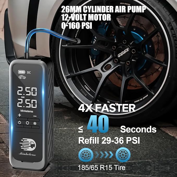 Tire Inflator Portable Air Compressor/Pump for Car Tires w/Digital Tire Pressure Gauge - Air Compressor (160 PSI) - Motorcycle, Electric Bike Pump and Bicycle Pump w/LED Light