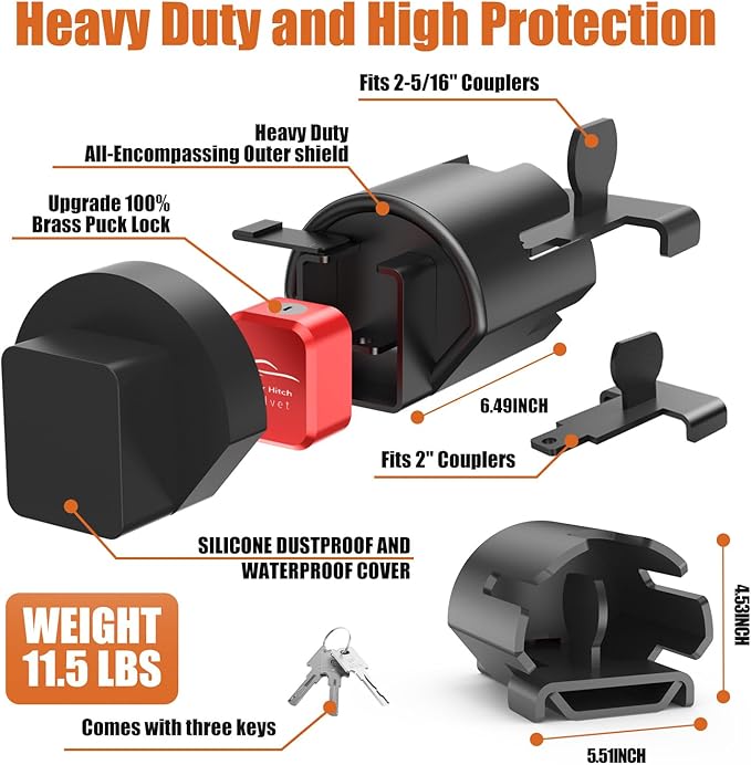 Trailer Lock Fits 2" and 2-5/16" Couplers - Heavy Duty Anti-Theft Trailer Hitch Locks, Ultra-Thick Solid Steel Trailer Coupler Locks Tongue Lock, Camper Accessories for RV, Trailer, Boat (Red)