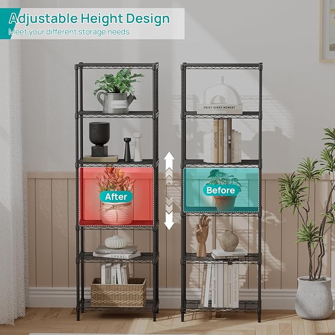 SINGAYE 6 Tier Adjustable Storage Shelf Wire Shelving Unit Metal Shelves Standing Closet Bathroom Organizers Pantry Kitchen Garage Laundry Room Organization Home Rack 12" D X 22" W X 69.5" H Black
