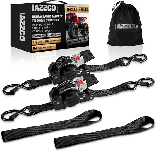 6FT Retractable Ratchet Straps(2-Pack) - 1 Inch (1800 LB Break Strength) Heavy Duty Self Retracting Ratchet Straps with Soft Loops & Storage Bag for Household, Motorcycle, Truck, ATV(Black)