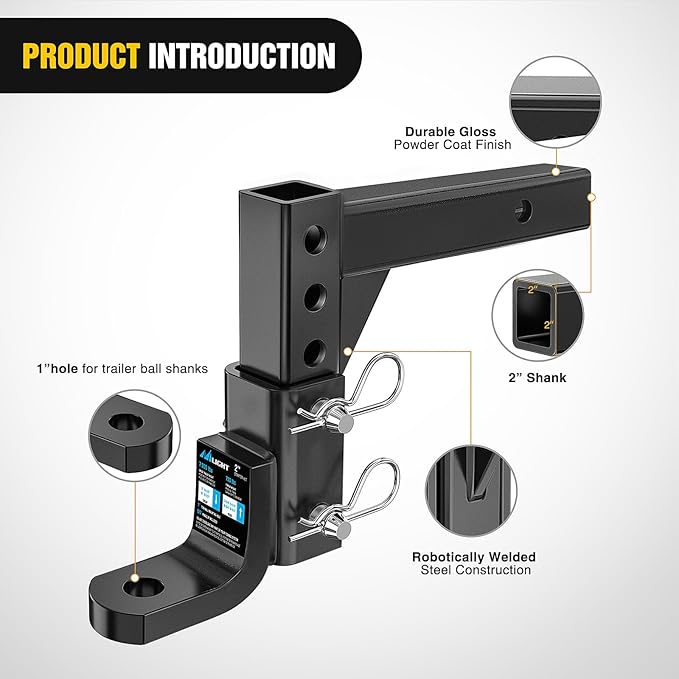 Nilight 8-Position Adjustable Trailer Hitch Ball Mount Fits 2 Inch Receiver with 5/8" Pin Lock 7500 lbs 9-1/2" Drop 8-1/4" Rise 1" Hole Hitch for Trailers Boats Pickups RV