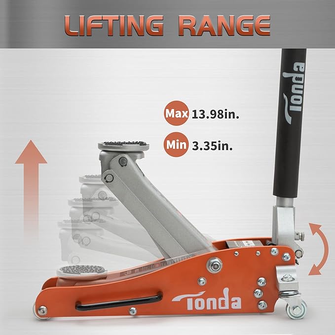 TONDA Low Profile Floor Jack, 2 Ton Aluminum and Steel Hydraulic Car Jack with Dual Pump System, Rapid Lift, Orange