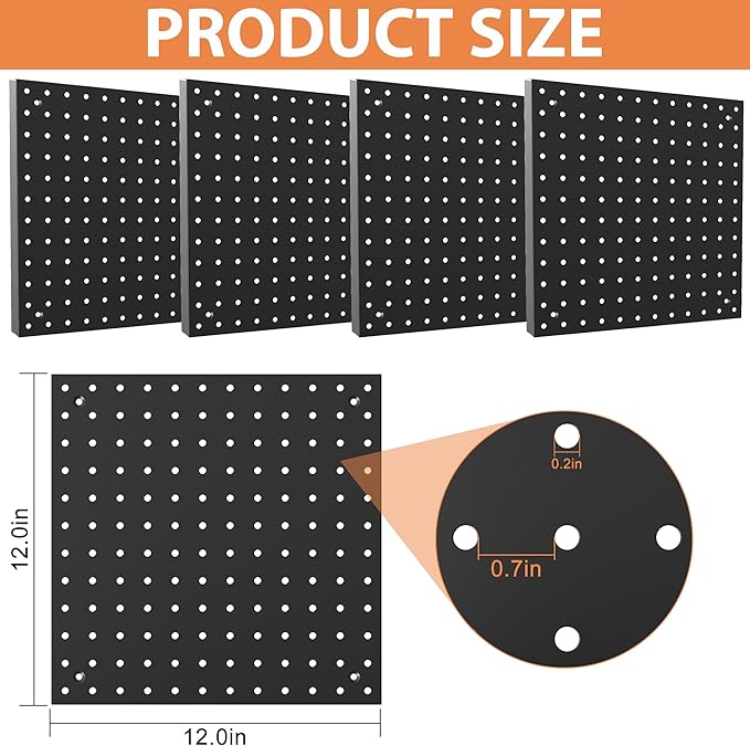 Peg Board,12"x12" Black Metal Pegboard Wall Organizer with Pegboard Accessories 8 Packs Metal Pegboard Panels