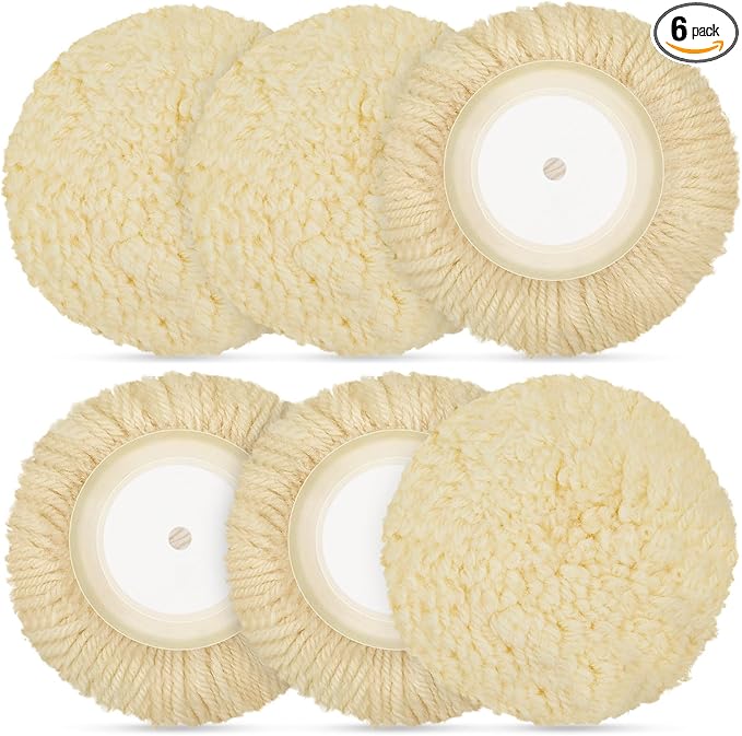 Tallew 6 Pcs 8 Inch Wool Polishing Pad Hook Loop Buffing Pad for Drill Curved Edge Compound Cutting Tool Drill Polisher Attachment Wheel Polish Kit Car Body Repair Buffing