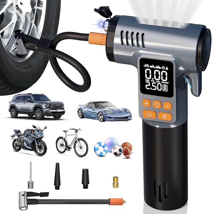 Gardon Tire Inflator Portable Air Compressor - 8 in 1 Air Pump, Window Breaker, Seatbelt Cutter, Ball Pump, Bike Pump, Digital Tire Pressure Gauge, SOS, Flashlight, Tech Gadgets Car Accessories