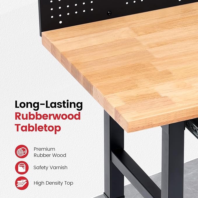ENJOYWOOD Work Bench with Wheels 60 x 22 Inch Heavy Duty Rubberwood Tabletop Work Table Adjustable Height Garage Workbench with LED, Drawers, Pegboard, Power Outlets for Woodworking Shop, Home, Office