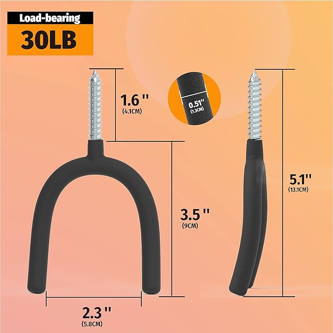 HUHOLE 6 Pack Heavy Duty Screw in U Hook 30lbs Load Capacity Garage Storage Organizers Vinyl Coated Steel Shovel Holder U Hooks for Hanging Garden Tools and Power Equipment Black