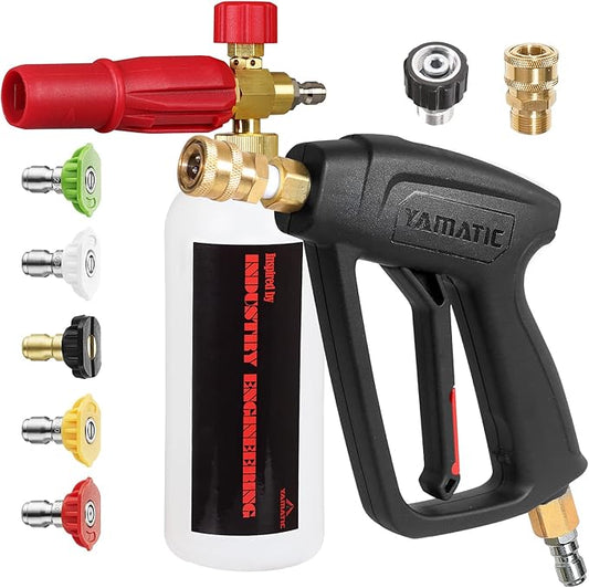 YAMATIC Short Pressure Washer Gun with Foam Cannon, MAX 4000 PSI Power Washer Foam Gun Kit for Car Wash, M22-14mm & M22-15mm Adapter, 3/8" FNPT Swivel Inlet, 1/4" Quick Connector