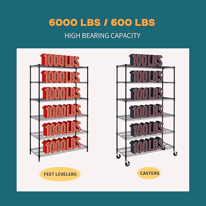BestMassage Wire Shelving Unit Heavy Duty Garage Storage Shelves Large Metal Shelf Organizer 6-Tier Height Adjustable Commercial Grade Utility Steel Rack with Wheels,18 x 48 x 72 (Black)