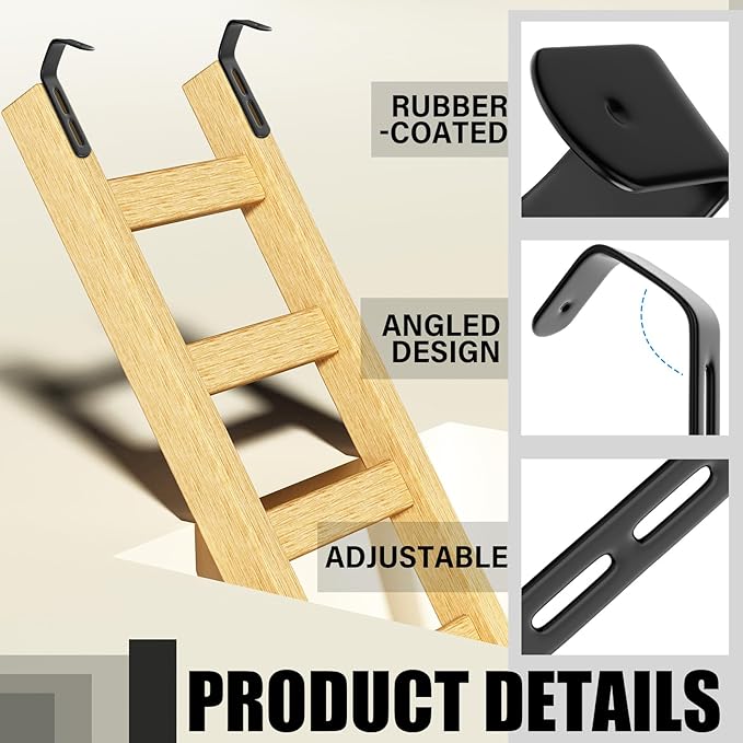 4 Set Angled Bunk Bed Ladder Hooks PVC Adjustable Coated Stainless Steel Iron Bunk Bed Ladder Hooks Brackets Heavy Duty RV Utility Hook Hanger J Hooks Metal with Mounting Screws