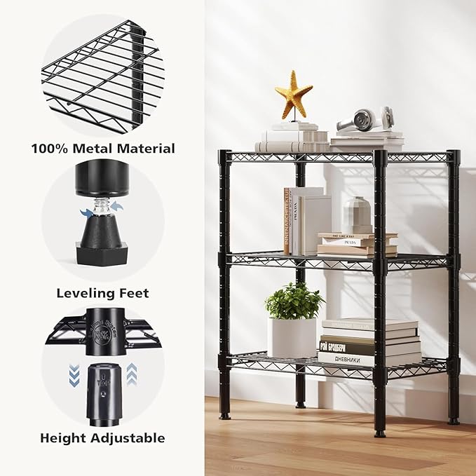 HealSmart 3-Tier Metal Wire Storage Shelves, Adjustable Standing Storage Rack Shelf, Heavy Duty Steel Shelving Unit Organizers for Kitchen Bathroom Pantry Garage, 23.2" W×13.4" D×30.3" H, Black