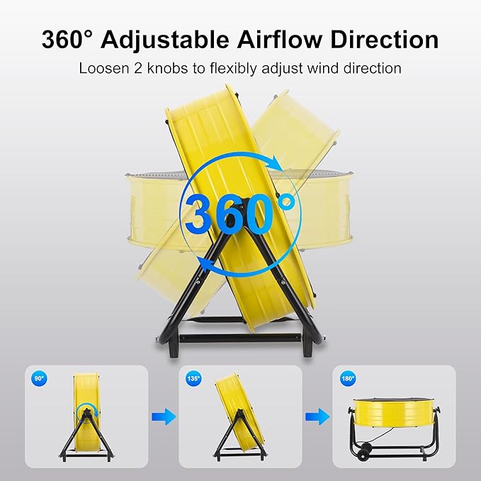Uthfy 24 Inch Heavy Duty Industrial Drum Fan, High Velocity Floor Fan with 3 Speeds, 360° Tilt Metal Garage Fan for Warehouse, Commercial, Workshop, Factory and Basement, Light Yellow
