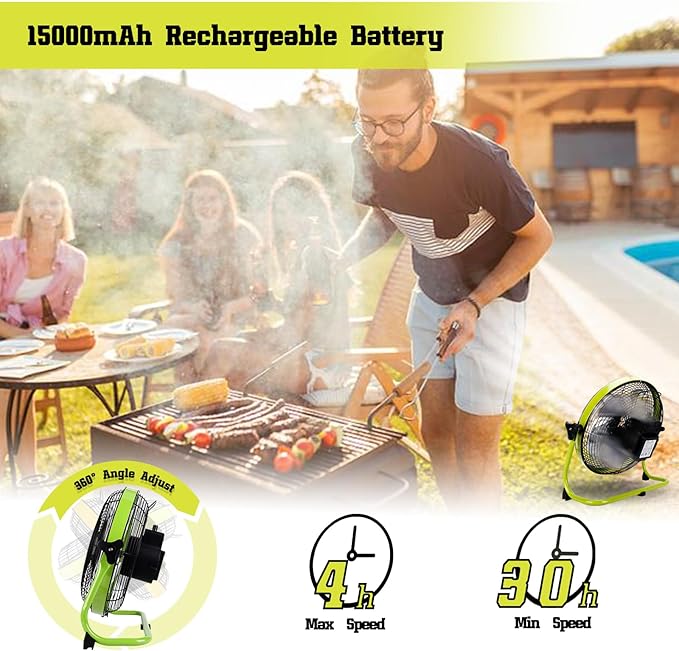 12 Inch Battery Operated Fan, 15000mAh Rechargeable Floor Fan, Portable Cordless Outdoor Fan with Metal Blade for Camping, Travel, Home, and Emergency Use – Green