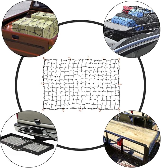 CZC AUTO Bungee Cargo Net 4x6Ft Truck Bed Net Stretches to 8x12Ft for Pickup Trailer RV SUV Boat |4Inch x 4Inch Mesh Net Holds Small and Large|12 Tangle Free Carabiners|Super Duty