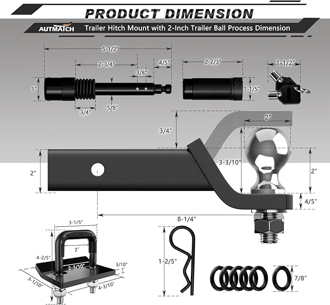 AUTMATCH Trailer Hitch Ball Mount with 2 Inch Hitch Ball - Fits 2" Receiver with Hitch Tightener, 8000Lbs Capacity Ball Hitch, 2-Inch Drop with 5/8" Hitch Lock Pin, Gunmetal