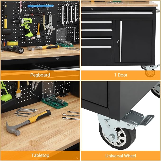 61" Rolling Tool Chest Workbench with 10-Drawers & Solid Rubber Wood Top, Mobile Heavy Duty Tool Storage Cabinet with Lock, Casters, Drawer Liner & 1675 LBS Load Capacity, Includes Power Strip