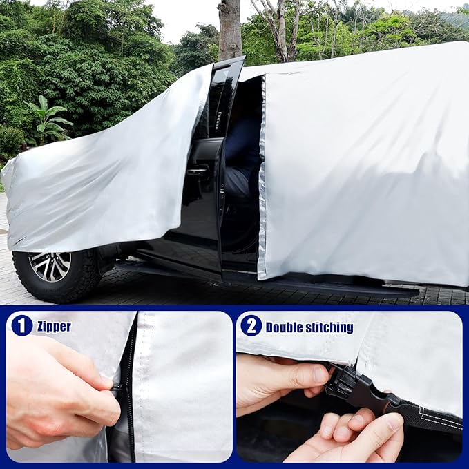 Truck Cover Waterproof All Weather, Migaven Truck Cover Custom Fit for Ford F150 Raptor Chevrolet Silverado 1500, Windproof Covers with Door Zipper, Silver (Not Include Mirror Pocket)