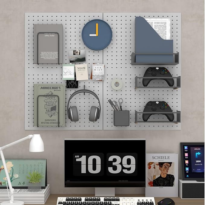 Peg Board,4 Pack Metal Pegboard Panels with 8 hooks,PegBoard Wall Organizer,16"x12" Steel PegBoard for Walls,Tools,Garage,Office,Kitchen