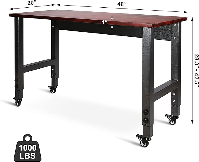 Olympia Tools 48in Adjustable Height Workbench, w/ 14 Levels of Height Adjustment & Heavy Duty Mobile Work Bench for Garage Home Office