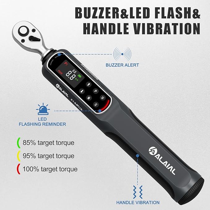 1/4 Drive Digital Torque Wrench, 0.1-8.8 Ft.Lb/0.2-12 Nm Drive Dual Direction Rachet Torque Wrench with Vibration, Buzzer and LED Alert, Electronic Torque Wrench for Bike Motorcycle Car Repair