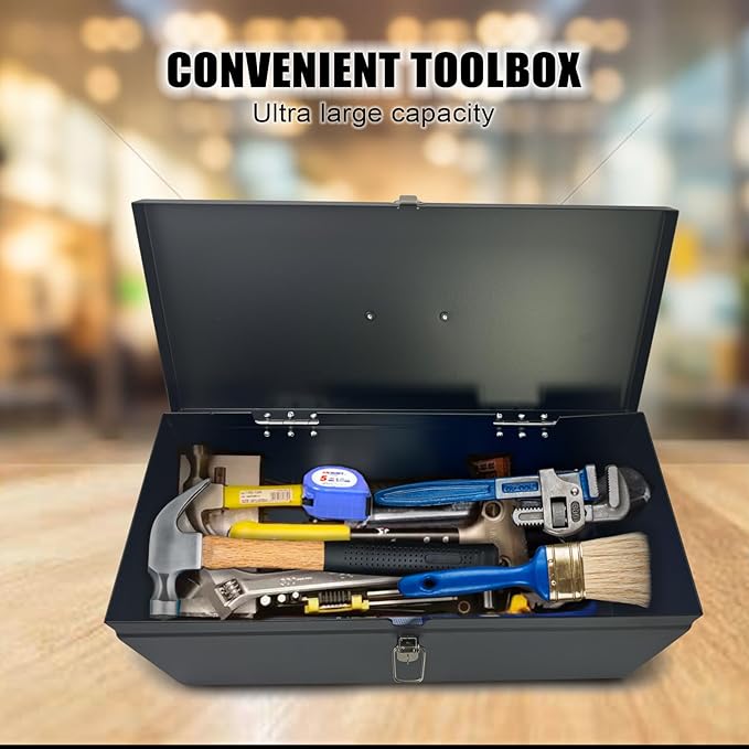 Peastorm Small Steel Metal Tool Box, Lockable Storage Box for Storing Valuable Items, Office Documents, Garage Tools (16" Black)