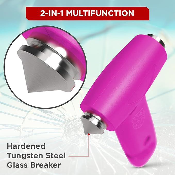 Swiss Safe 5-in-1 Emergency Car Safety Hammer – Car Window Breaker & Seatbelt Cutter, Heavy-Duty Escape Tool for Vehicle Emergencies and Auto Kits – Pink, 2 Pack