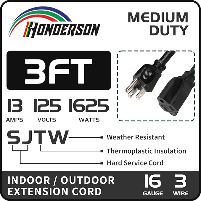 Extension Cord, UL Certified, 16 Gauge 3FT Black 3 Prong Heavy Duty, 16/3 SJTW 13A Power Cord for Lights, Appliances, Lawn
