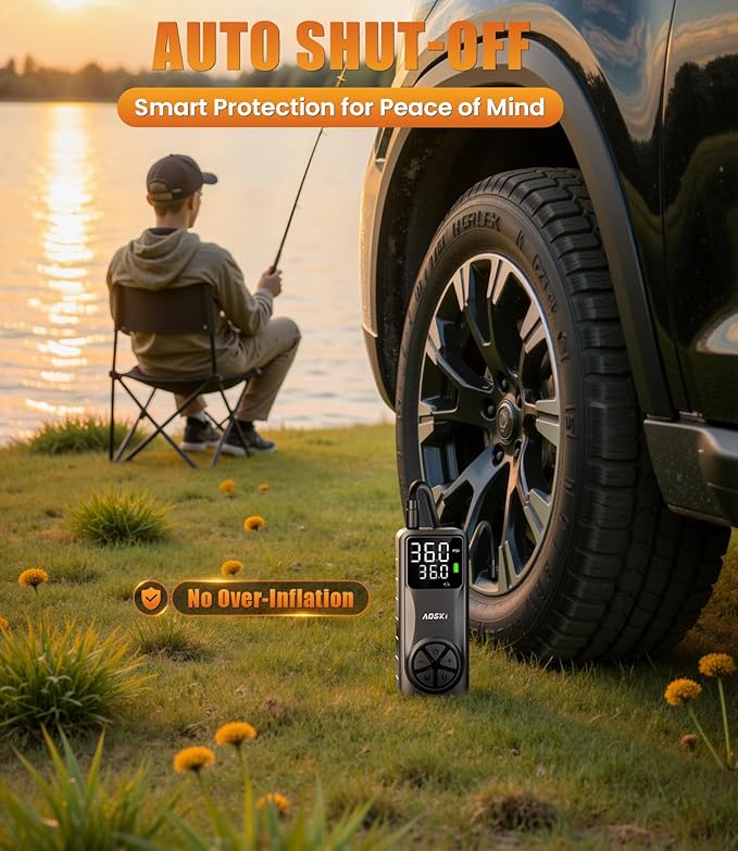 Tire Inflator Portable Air Compressor: 150PSI Rechargeable Air Pump with Digital Pressure Gauge, LED Light and Auto Shut-Off - Fast Inflation for Car, Motorcycle, Bike, and Ball - Black