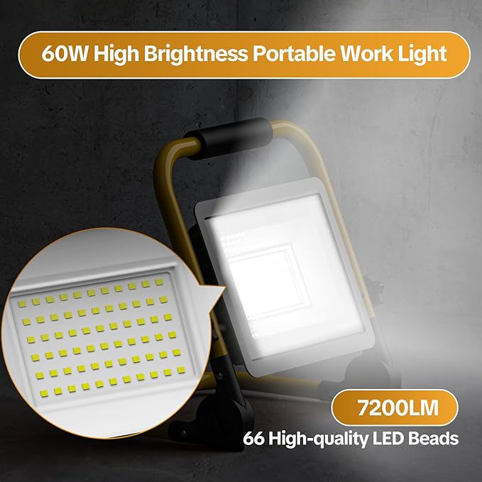 AIKVSXER 7200LM Led Work Light, 60W 6000K Portable Flood Light with 5.9FT Cord & Switch, IP66 Waterproof Worklight for Indoor Outdoor Job Site Repairing Garage Workshop, Gifts for Man