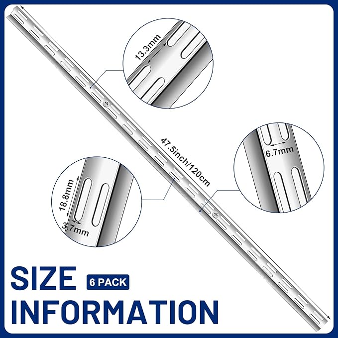 MorningRo 6 Pcs Dual Track Upright Wall Shelving System Heavy Duty Support System Twin Slot Shelf Rail Shelf Standards for Pantries Linen Closets Laundry Rooms(Silver,47.5 Inch)