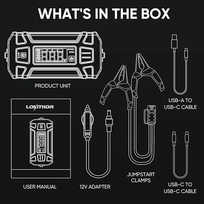LOKITHOR J402 Jump Starter 3000A 12V 24000Amh Portable Lithium Car Battery Booster Pack for Upto 9.0L Gas and 7.0L Diesel Engines, Jump Box and Jumper Cables, 100W Fast Charging, Smart Digital Screen