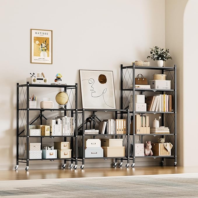 Simple Deluxe 3-Tier Folding Storage Shelves, 27.95" W x 14.96" D x 34.25" H Foldable Shelving Unit, 750 Lbs Loading Capacity, Black