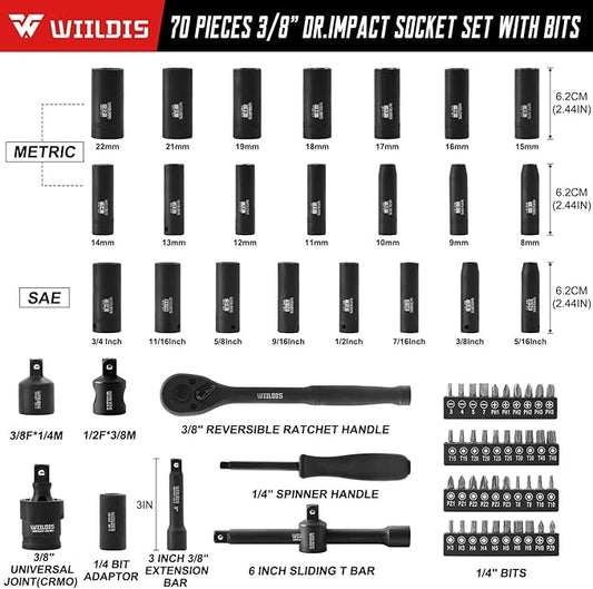 WIILDIS 70pcs 3/8" Drive Impact Socket Set,Standard SAE(5/16 to 3/4-Inch) Metric Size(8-22mm), CR-V Steel Deep Socket Kit, Adapters, Ratchet Handle, Screwdriver Bit Set, Sliding T Bar, 6 Point