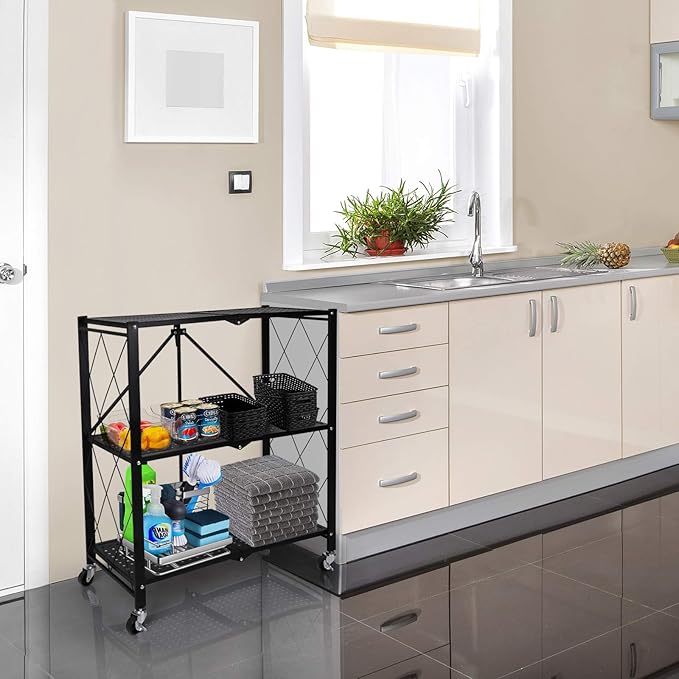 3-Tier Foldable Metal Shelves Heavy Duty Storage Shelving Unit with Wheels, Organizer Shelves for Garage Kitchen, Black