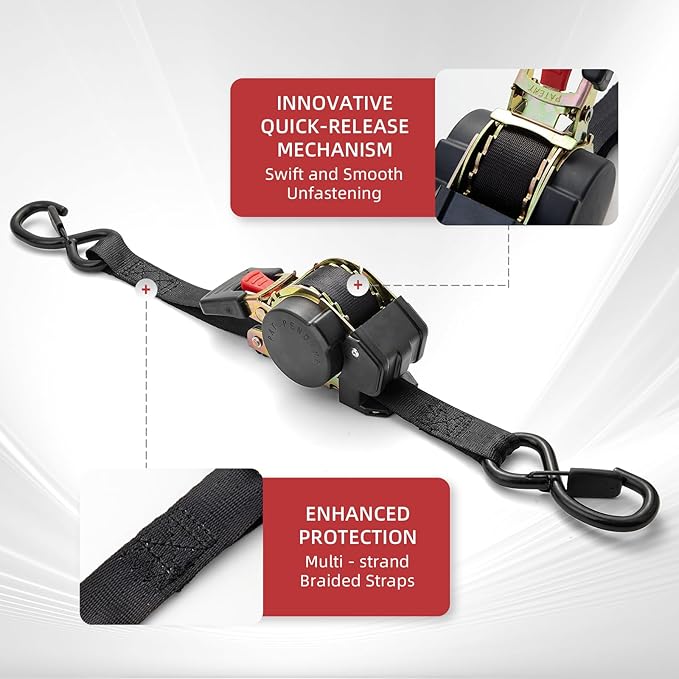 Retractable Ratchet Tie-Down Straps 1800 lbs, 1in × 10ft Auto-Retract Ratchet Straps Heavy Duty with S-Hooks, Self Retracting Tie Down for Trucks, Roof Racks & Trailers, 2 Pack