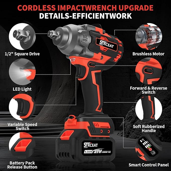 STRCEAT 1/2" Cordless Impact Wrench 1000N.m (737ft-lbs),21V Brushless High Torque Impact Gun with 2×4.0Ah Batteries,6 Sockets,Extension Rod,LED Light for Truck Mower Car Industrial Repair