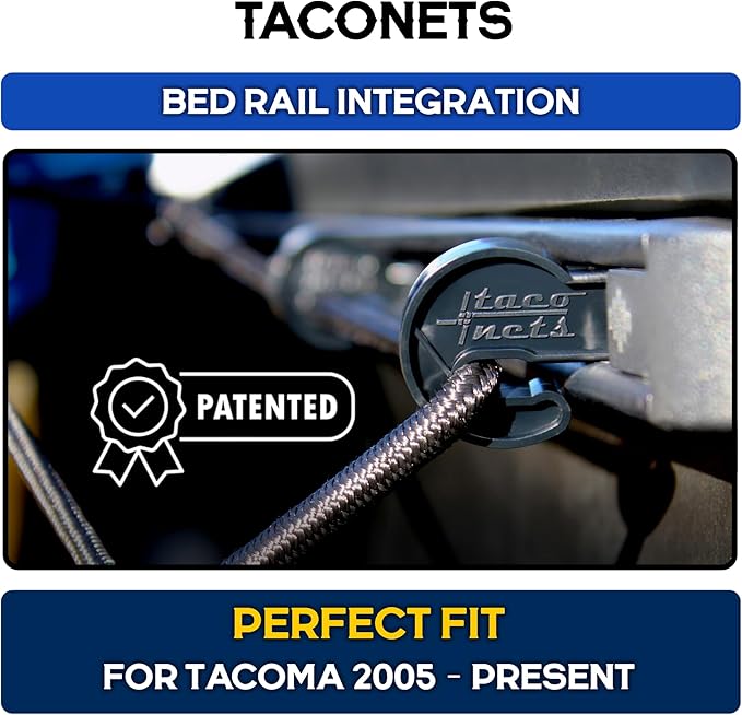 TacoNets Cargo Net for Toyota Tacoma Short Bed - Fits 2005-2025 - Patented Bed Rail Integration - Heavy Duty 8mm Premium Bungee 3'x4' Cargo Netting - Designed in USA