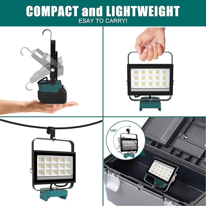 Cordless LED Work Light Compatible with Makita 18V Battery, 60W 6000LM Flood Light, Battery Light with USB & Type-C Charging and 140°Pivoting Head for Jobsite, Garage, Camping, Emergency