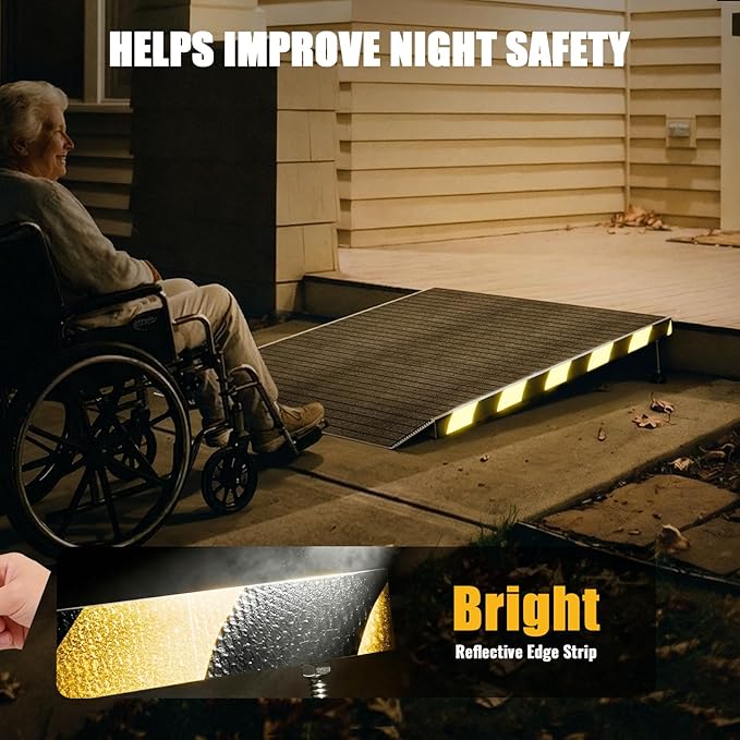Aluminum Threshold Ramp for Doorways, Adjustable 3.34" to 6.3" Rise, 48" Portable Wheelchair Walker Ramp for Home with Adjustable Leveling Feet and Non-Slip Door Mat, for Steps, Curbs and Entryways