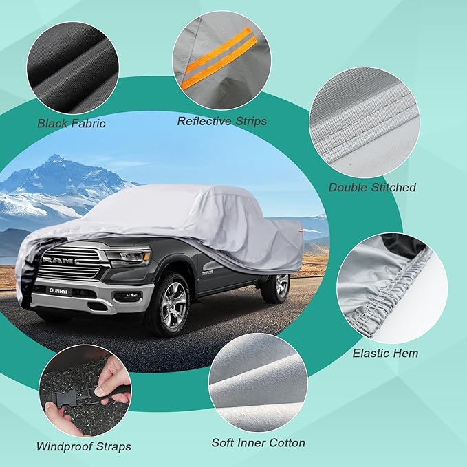 Pickup Truck Cover Waterproof All Weather, 6 Layer Full Size Cover Universal Fit Chevy S10/C10, Ford F100, RAM 1500, Silverado 1500, Tacoma Regular Cab Single Cab (Truck, up to 210 inch)